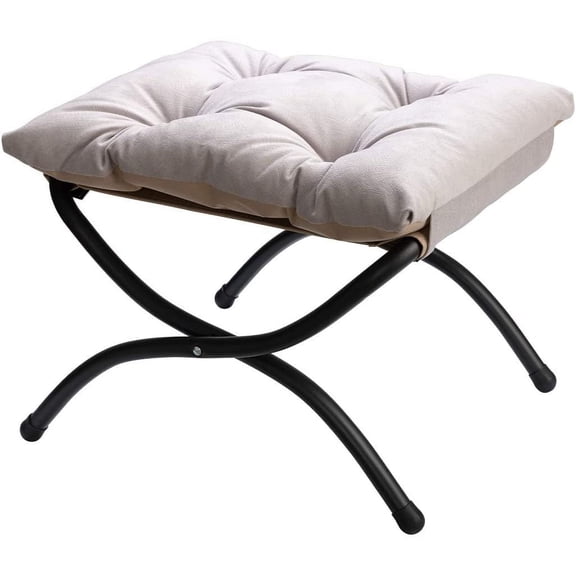 15"(H) Folding Footrest Stool, Upholstered Small Foldable Ottoman, Accent Padded Sofa Foot Stool for Lazy Chair, Metal Frame Portable Foot Rest Ottoman for Living Room, Bedroom, Beige Stripe