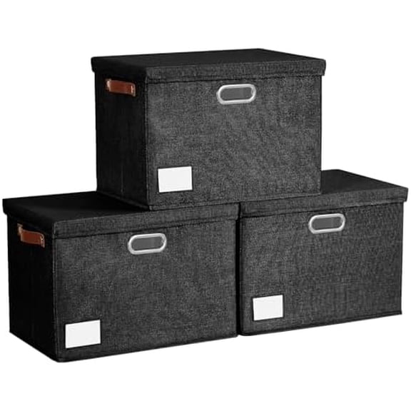 15" Large Collapsible Storage Bins with Lids, Stackable Closet Organizers with PU Handle and Labels, 3-Pack Decorative Fabric Storage Boxes for Home, Bedroom, Closet, Office, Nursery(Black)