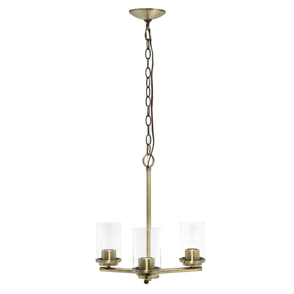 Elegant Designs 15" Traditional Vintage Modern Industrial 3-Light Metal and Clear Glass Kitchen Island Foyer Hallway Living Room Den Dining Room Hanging Pendant Chandelier, Antique Brass