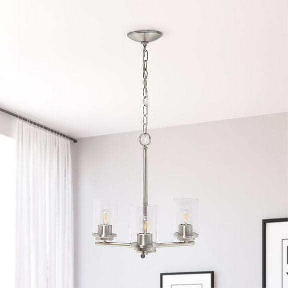 15" 3Lt Metal and Clear Glass Hanging Pendant Chandelier Brushed Nickel