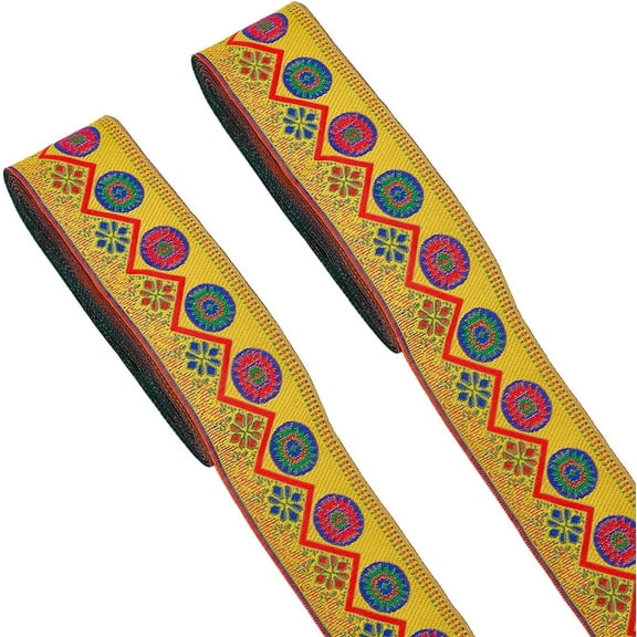 15.3Yards Floral Circle Jacquard Ribbon 2inch Wide Round with Flower Pattern Jacquard Trim Gold Geometric Embroidered Woven Ribbon Fabric Trim