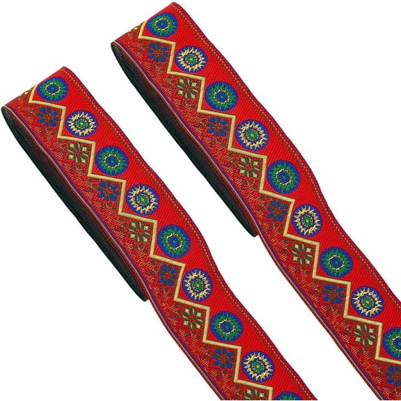 15.3Yards Floral Circle Jacquard Ribbon 2inch Wide Round with Flower Pattern Jacquard Trim Orange Red Geometric Embroidered Woven Ribbon Fabric Trim