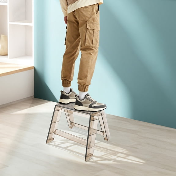 15.4*15.35*11.6 Modern Floorstanding Clear Brown Protable Step Ladder for Indoor Outdoor Library Kitchen