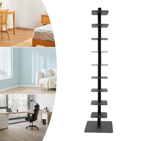 15.4*15.4*68.9 Modern Rotating Spine Bookshelf Vertical Spine Book Tower 9-Tier Metal Book Organizer Black
