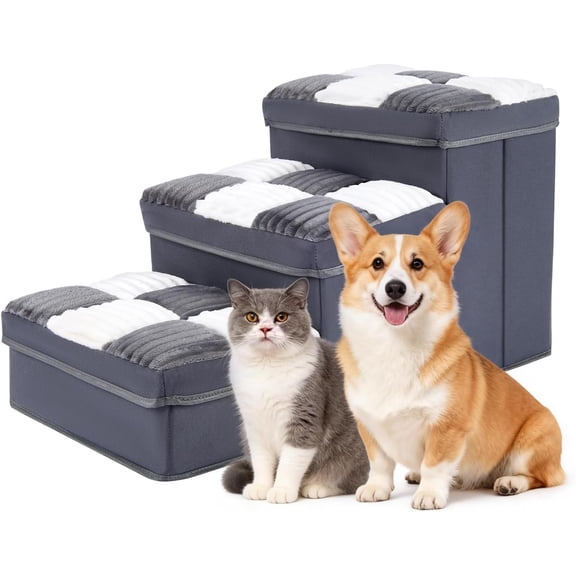 15.4''Dog Stair with Storage, Foldable Dog Steps for Bed with Soft Cover, Lightweight,3-Step Pet Stairs up to 200LBS, Non-Slip Puppy Stairs for Small Medium Dogs Puppy, Cats(Grey)