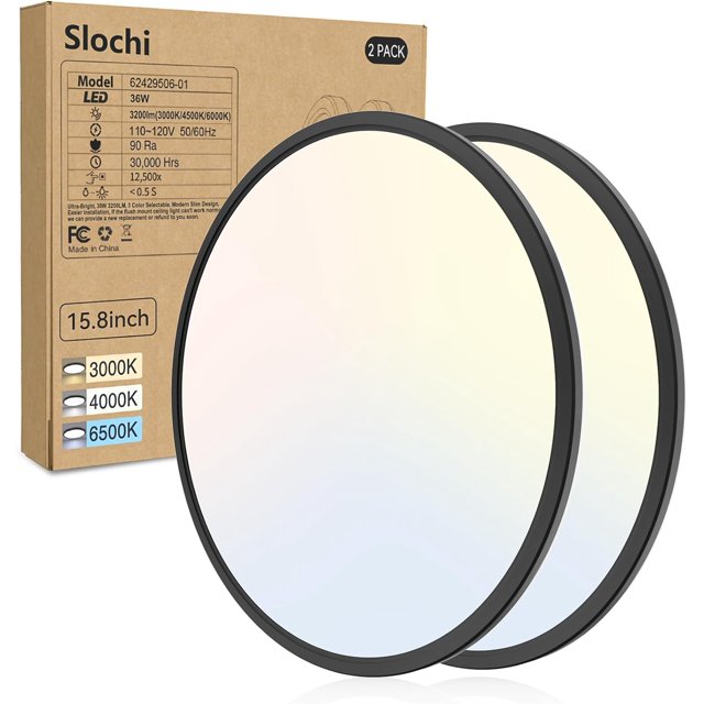 15.4 Inch 2 Pack Flush Mount LED Ceiling Light Black, 36W Ultra Thin