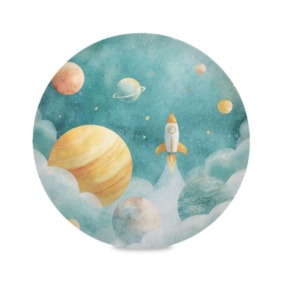 15.4 Inch Round Placemats Set of 1 Washable Heat Resistant Placemats for Dining Table Kitchen Decoration Cute Rocket Space Planets Print