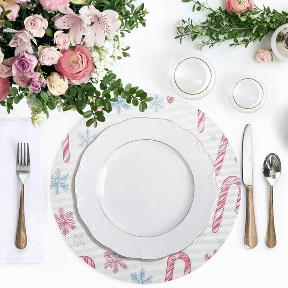 15.4 Inch Round Woven Placemats set of 1 for Dining Table Washable Heat Resistant Table Mats Non-Slip Washable Table Pad for Home Kitchen Decor Candy Canes on White