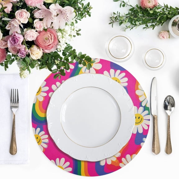 15.4 Inch Round Woven Placemats set of 1 for Dining Table Washable Heat Resistant Table Mats Non-Slip Washable Table Pad for Home Kitchen Decor Groovy Daisies with Smiley Faces