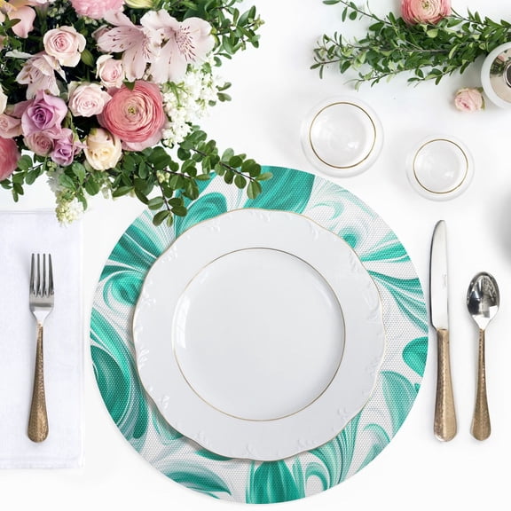 15.4 Inch Round Woven Placemats set of 1 for Dining Table Washable Heat Resistant Table Mats Non-Slip Washable Table Pad for Home Kitchen Decor Jade Green Marble Pattern