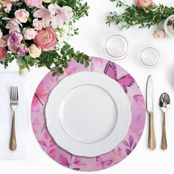 15.4 Inch Round Woven Placemats set of 1 for Dining Table Washable Heat Resistant Table Mats Non-Slip Washable Table Pad for Home Kitchen Decor Pink Butterfly Garden in Blush
