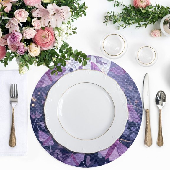15.4 Inch Round Woven Placemats set of 1 for Dining Table Washable Heat Resistant Table Mats Non-Slip Washable Table Pad for Home Kitchen Decor Purple Lilac Moths