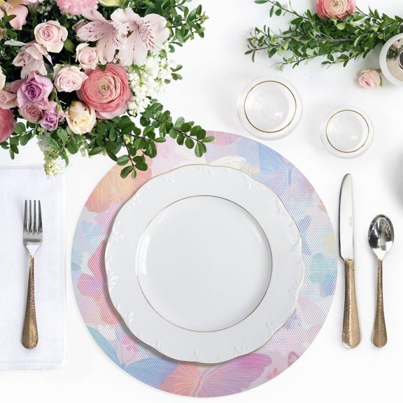 15.4 Inch Round Woven Placemats set of 1 for Dining Table Washable Heat Resistant Table Mats Non-Slip Washable Table Pad for Home Kitchen Decor Rainbow Pastel Butterfly Dance