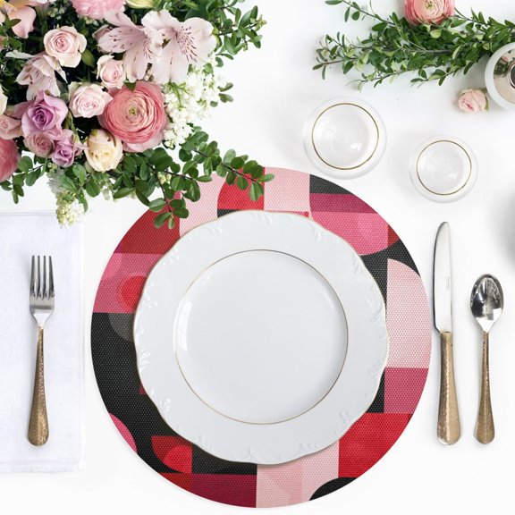 15.4 Inch Round Woven Placemats set of 1 for Dining Table Washable Heat Resistant Table Mats Non-Slip Washable Table Pad for Home Kitchen Decor Red and Black Record Pattern