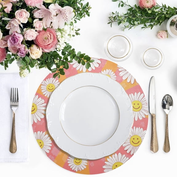 15.4 Inch Round Woven Placemats set of 1 for Dining Table Washable Heat Resistant Table Mats Non-Slip Washable Table Pad for Home Kitchen Decor Smiley Face on Orange Background