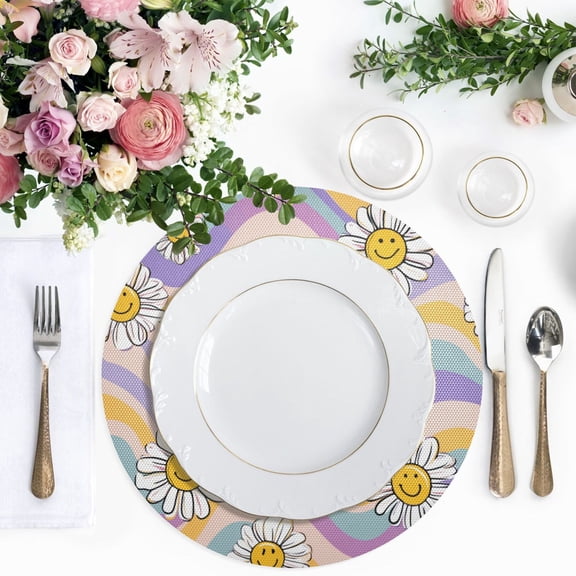 15.4 Inch Round Woven Placemats set of 1 for Dining Table Washable Heat Resistant Table Mats Non-Slip Washable Table Pad for Home Kitchen Decor Smiley Faces