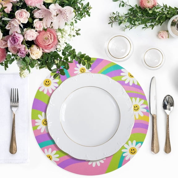 15.4 Inch Round Woven Placemats set of 1 for Dining Table Washable Heat Resistant Table Mats Non-Slip Washable Table Pad for Home Kitchen Decor Smiling Daisy on Multicolor Background