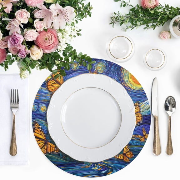 15.4 Inch Round Woven Placemats set of 1 for Dining Table Washable Heat Resistant Table Mats Non-Slip Washable Table Pad for Home Kitchen Decor Starry Monarch Butterflies