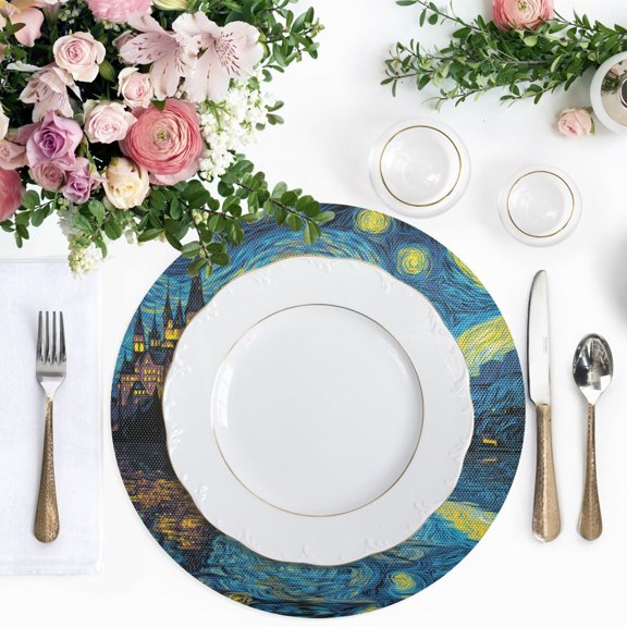 15.4 Inch Round Woven Placemats set of 1 for Dining Table Washable Heat Resistant Table Mats Non-Slip Washable Table Pad for Home Kitchen Decor Starry Night Style Castle Lake