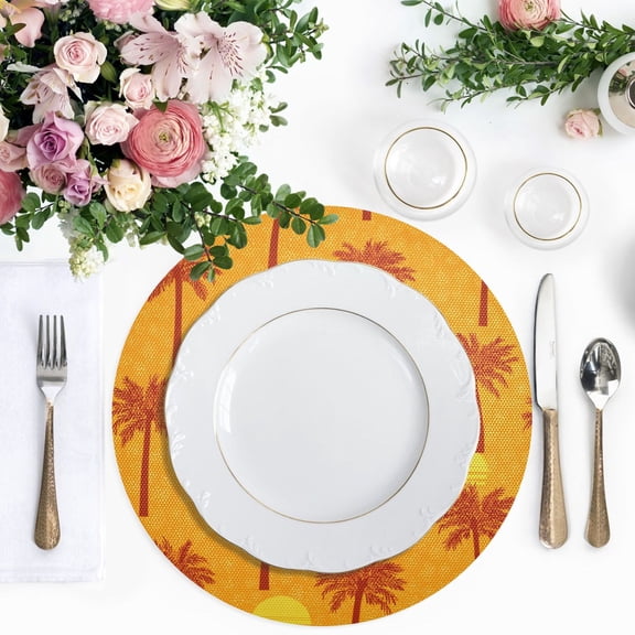 15.4 Inch Round Woven Placemats set of 1 for Dining Table Washable Heat Resistant Table Mats Non-Slip Washable Table Pad for Home Kitchen Decor Stylized Palm Trees