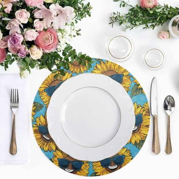 15.4 Inch Round Woven Placemats set of 1 for Dining Table Washable Heat Resistant Table Mats Non-Slip Washable Table Pad for Home Kitchen Decor Sunglasses Smiley Sunflowers