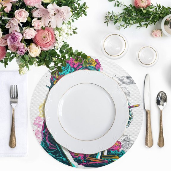 15.4 Inch Round Woven Placemats set of 1 for Dining Table Washable Heat Resistant Table Mats Non-Slip Washable Table Pad for Home Kitchen Decor Surrealist Skeleton Queen