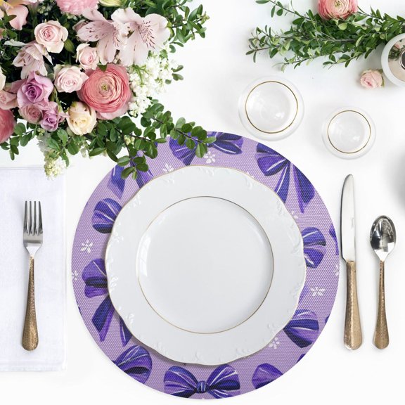 15.4 Inch Round Woven Placemats set of 1 for Dining Table Washable Heat Resistant Table Mats Non-Slip Washable Table Pad for Home Kitchen Decor Violet Bow Charm