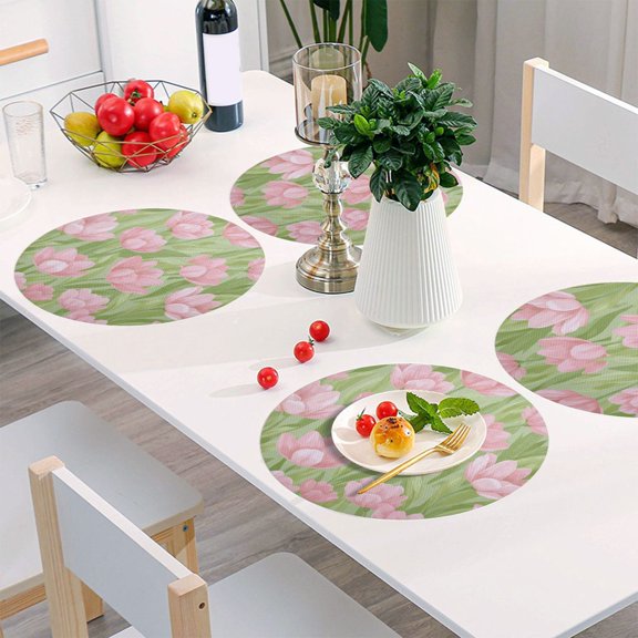 15.4 Inch Round Woven Placemats set of 4 for Dining Table Washable Heat Resistant Table Mats Non-Slip Washable Table Pad for Home Kitchen Decor Blush Tulip Meadow