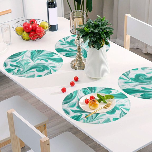 15.4 Inch Round Woven Placemats set of 4 for Dining Table Washable Heat Resistant Table Mats Non-Slip Washable Table Pad for Home Kitchen Decor Jade Green Marble Pattern