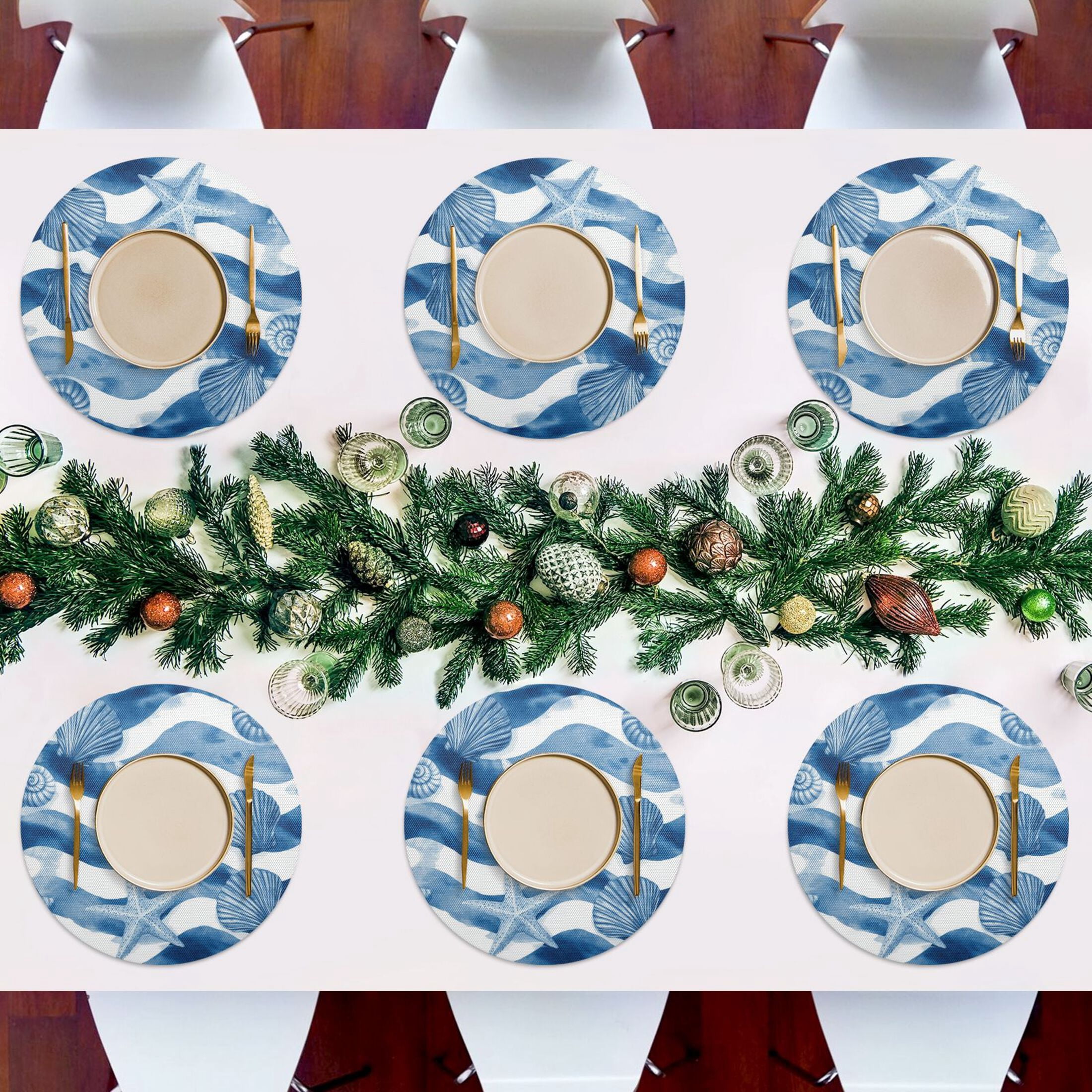 15.4 Inch Round Woven Placemats set of 6 for Dining Table Washable Heat Resistant Table Mats Non-Slip Washable Table Pad for Home Kitchen Decor Blue Watercolor Nautical Seamless Tile