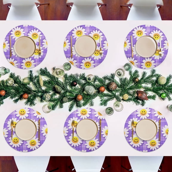 15.4 Inch Round Woven Placemats set of 6 for Dining Table Washable Heat Resistant Table Mats Non-Slip Washable Table Pad for Home Kitchen Decor Cute Smiling Daisies on Purple