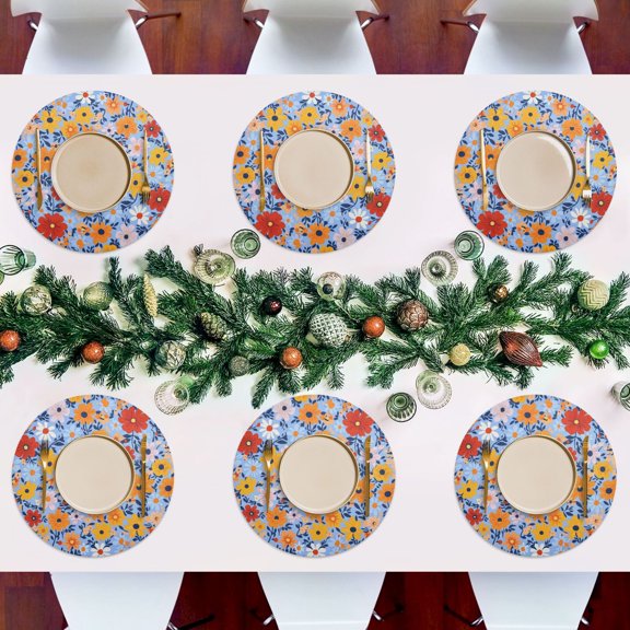 15.4 Inch Round Woven Placemats set of 6 for Dining Table Washable Heat Resistant Table Mats Non-Slip Washable Table Pad for Home Kitchen Decor Hippie Floral Pattern