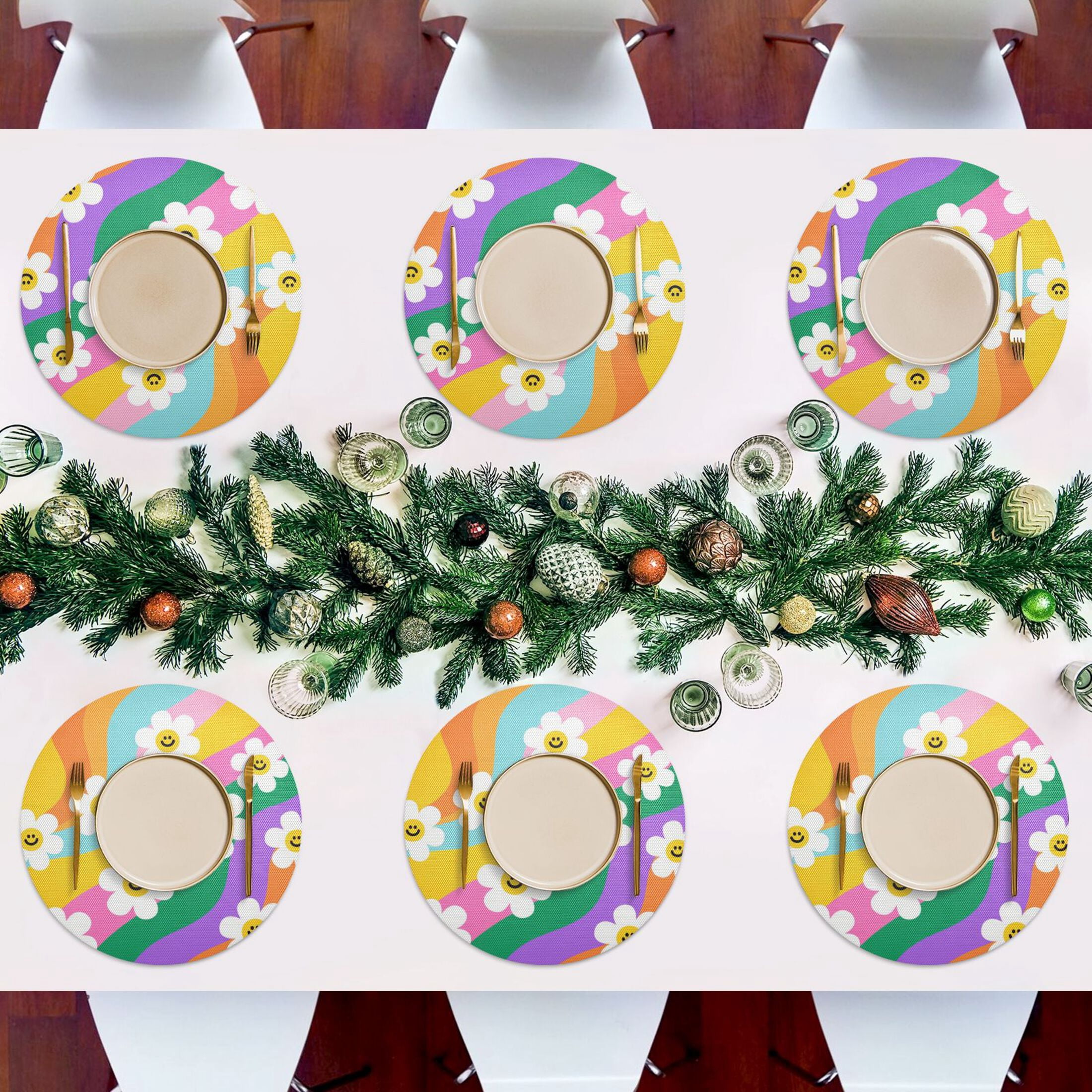 15.4 Inch Round Woven Placemats set of 6 for Dining Table Washable Heat Resistant Table Mats Non-Slip Washable Table Pad for Home Kitchen Decor Smiley Daisy on Rainbow Background