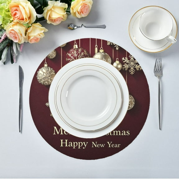 15.4" Round Placemat Set of 1 Polyester Fabric Place Mats Non-Slip Dining Kitchen Table Mats for Kitchen Party Decor Golden Snowflakes and Silver Balls