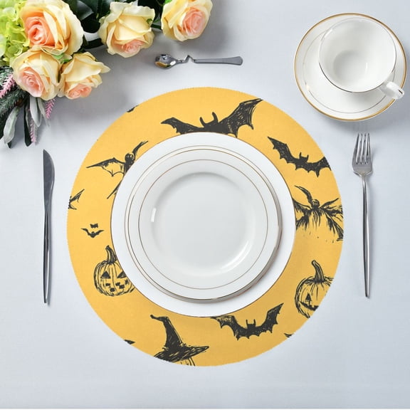 15.4" Round Placemat Set of 1 Polyester Fabric Place Mats Non-Slip Dining Kitchen Table Mats for Kitchen Party Decor Halloween-themed Hand-drawn Pattern