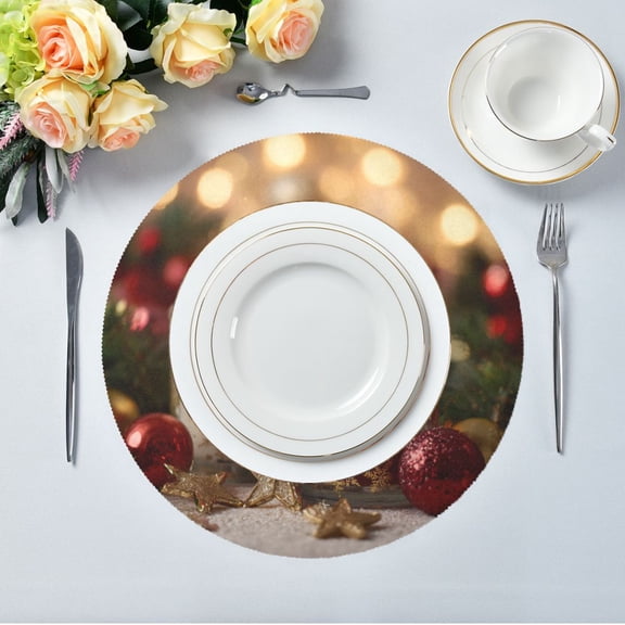15.4" Round Placemat Set of 1 Polyester Fabric Place Mats Non-Slip Dining Kitchen Table Mats for Kitchen Party Decor Red and White Scented Candles Pattern