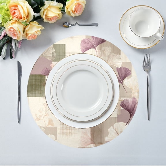 15.4" Round Placemat Set of 1 Polyester Fabric Place Mats Non-Slip Dining Kitchen Table Mats for Kitchen Party Decor Squares and Ginkgo Leaves Pattern