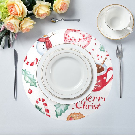 15.4" Round Placemat Set of 1 Polyester Fabric Place Mats Non-Slip Dining Kitchen Table Mats for Kitchen Party Decor Watercolor Christmas Icon Pattern