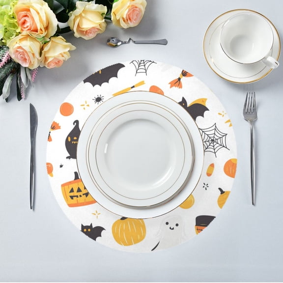 15.4" Round Placemat Set of 1 Polyester Fabric Place Mats Non-Slip Dining Kitchen Table Mats for Kitchen Party Decor White Background Halloween Pattern