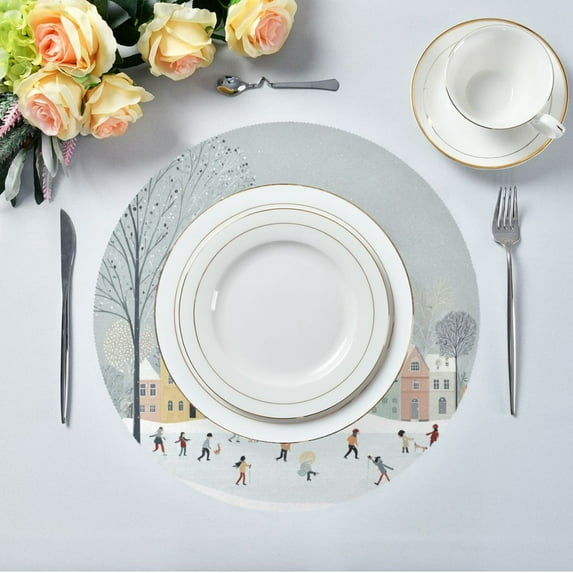 15.4" Round Placemat Set of 1 Polyester Fabric Place Mats Non-Slip Dining Kitchen Table Mats for Kitchen Party Decor Winter Wonderland with Small Town