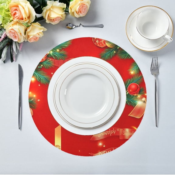 15.4" Round Placemat Set of 4 Polyester Fabric Place Mats Non-Slip Dining Kitchen Table Mats for Kitchen Party Decor Christmas Balls and Pine Branches