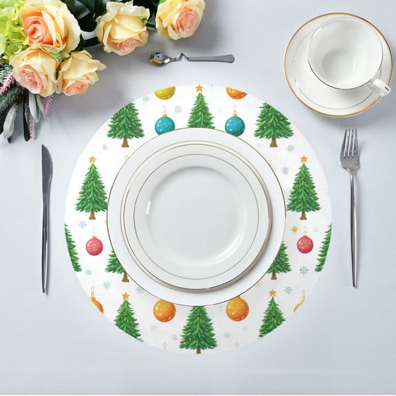 15.4" Round Placemat Set of 4 Polyester Fabric Place Mats Non-Slip Dining Kitchen Table Mats for Kitchen Party Decor Christmas Trees and Colorful Balls