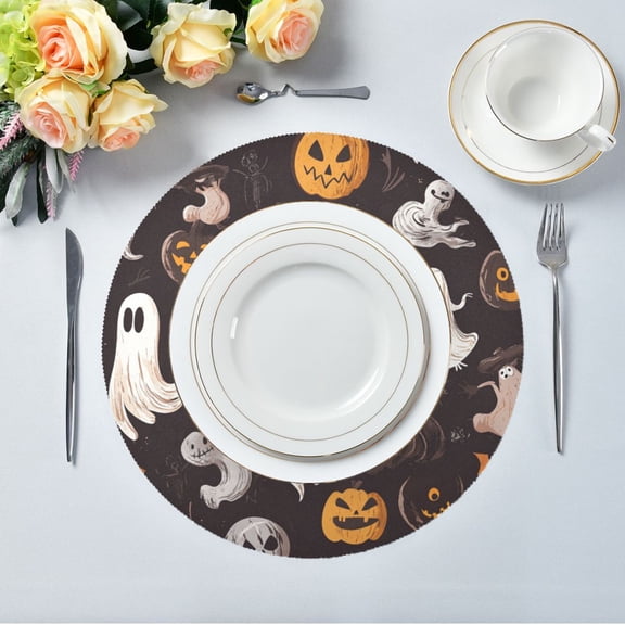 15.4" Round Placemat Set of 4 Polyester Fabric Place Mats Non-Slip Dining Kitchen Table Mats for Kitchen Party Decor Halloween-themed Cartoonish Ghosts Characters