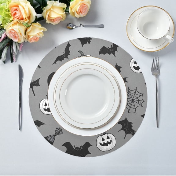 15.4" Round Placemat Set of 4 Polyester Fabric Place Mats Non-Slip Dining Kitchen Table Mats for Kitchen Party Decor Hand-drawn Halloween Design Elements