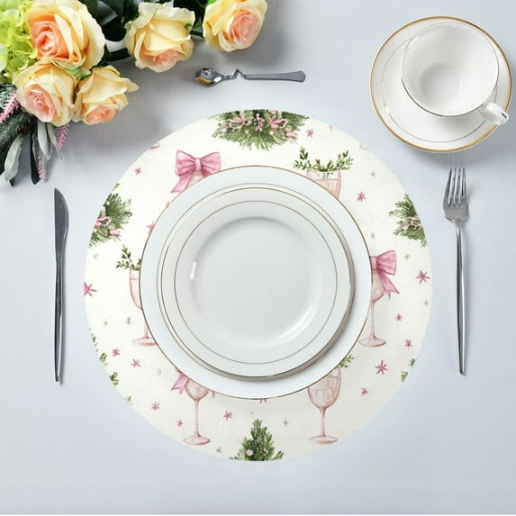 15.4" Round Placemat Set of 6 Polyester Fabric Place Mats Non-Slip Dining Kitchen Table Mats for Kitchen Party Decor Champagne Glasses and Christmas Tree