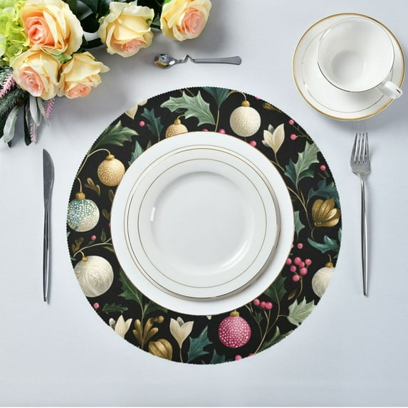 15.4" Round Placemat Set of 6 Polyester Fabric Place Mats Non-Slip Dining Kitchen Table Mats for Kitchen Party Decor Vintage Christmas Decorations Pattern