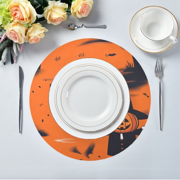 15.4" Round Placemat Set of 1 Polyester Fabric Place Mats Non-Slip Dining Kitchen Table Mats for Kitchen Party Decor A Cute Pumpkin-headed Wizard