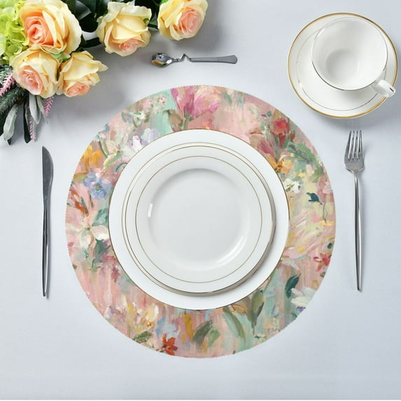 15.4" Round Placemat Set of 1 Polyester Fabric Place Mats Non-Slip Dining Kitchen Table Mats for Kitchen Party Decor Abstract Pink Floral Pattern