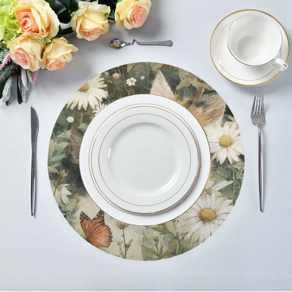 15.4" Round Placemat Set of 1 Polyester Fabric Place Mats Non-Slip Dining Kitchen Table Mats for Kitchen Party Decor Adorable Cats and Daisies