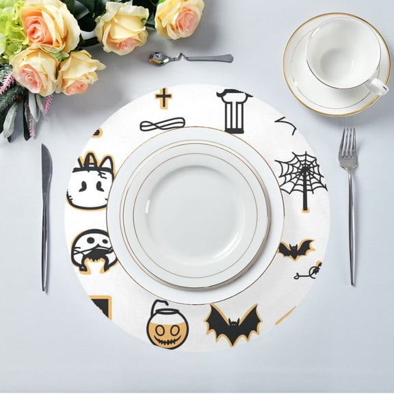 15.4" Round Placemat Set of 1 Polyester Fabric Place Mats Non-Slip Dining Kitchen Table Mats for Kitchen Party Decor Black Cute Halloween Pattern